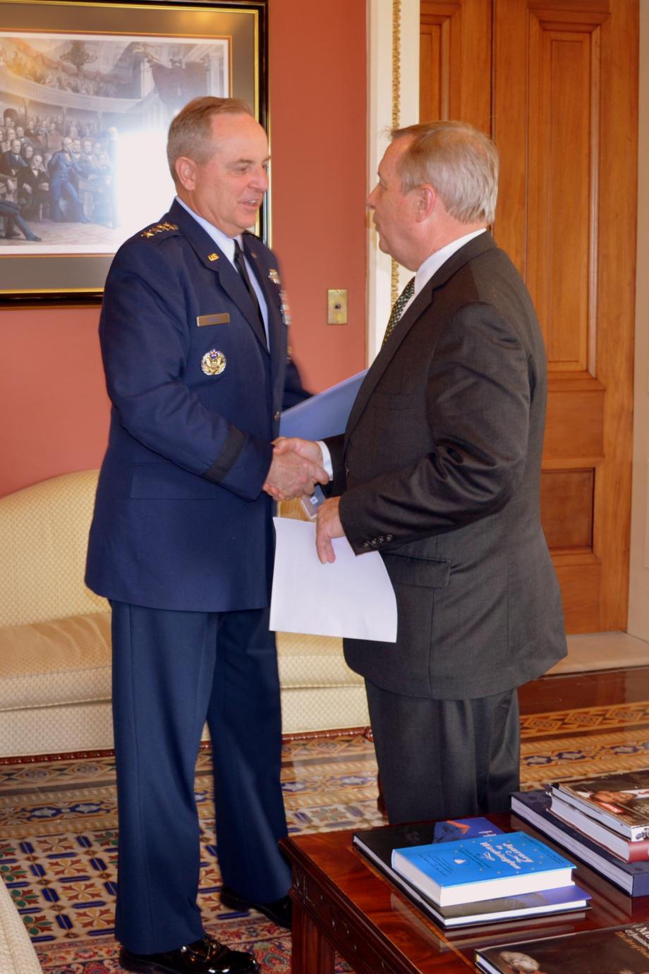 U.S. Senator Dick Durbin (D-IL) met with General Mark Welsh, U.S. Air Force Chief of Staff, regarding defense appropriations.